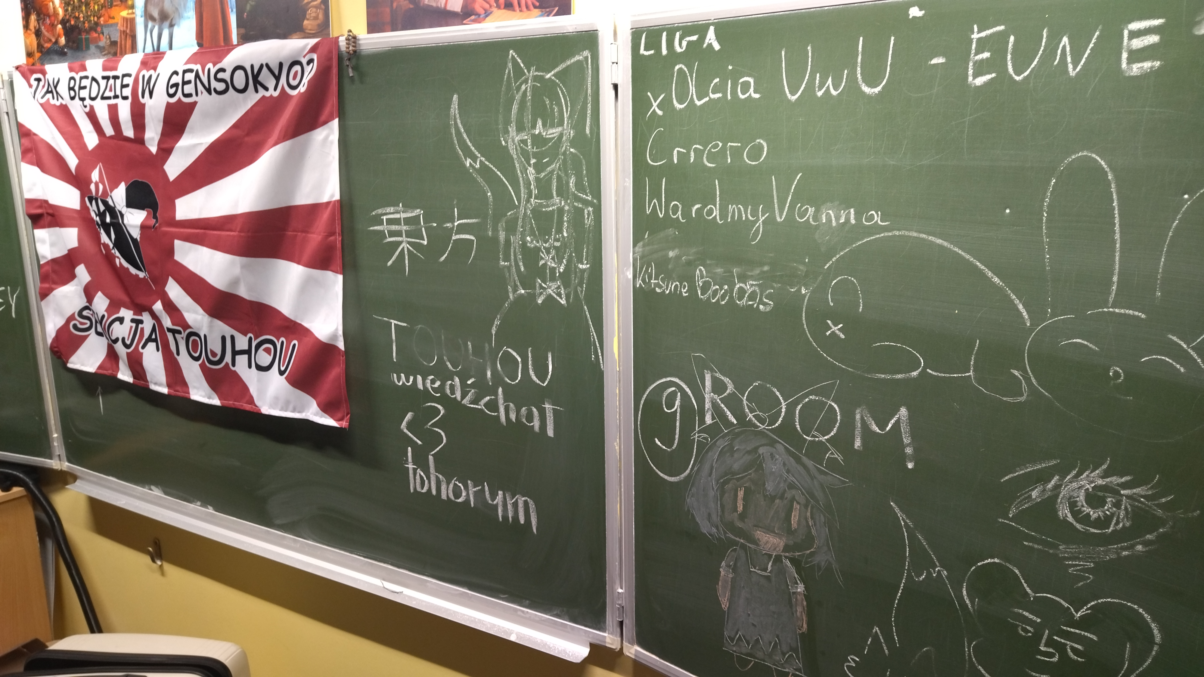 Blackboard art and flag